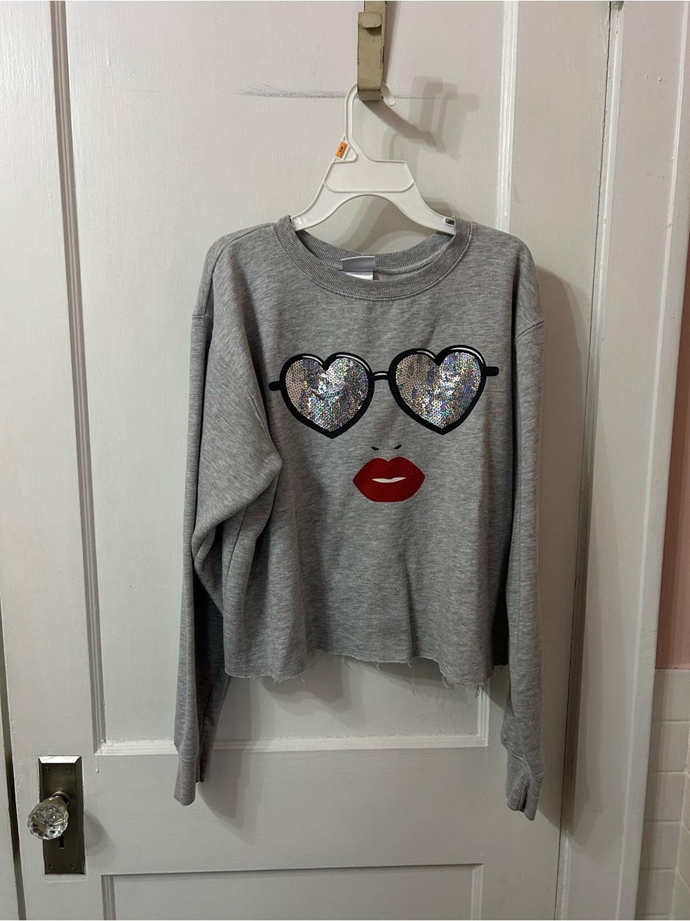 Mighty Fine Gray Sweatshirt with Sequin Heart Sunglasses and Red Lips
